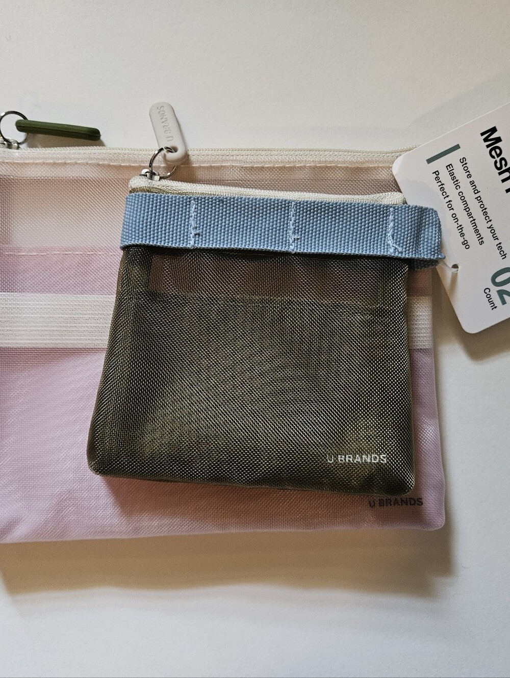 2 Pack Small Olive Mesh Pouch with Light Blue Trim And Pink